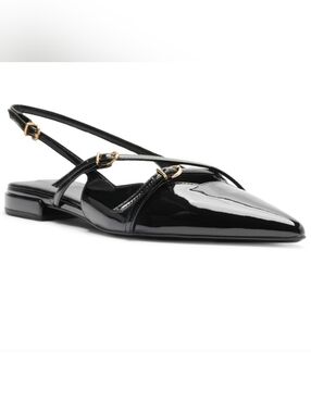 Patent Black Pointed Slingback Flats with Gold Buckles